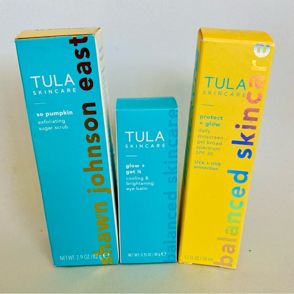 Tula Skincare Pumpkin Sugar Scrub & Cooling Eye Balm & Protect Glow Sunscreen